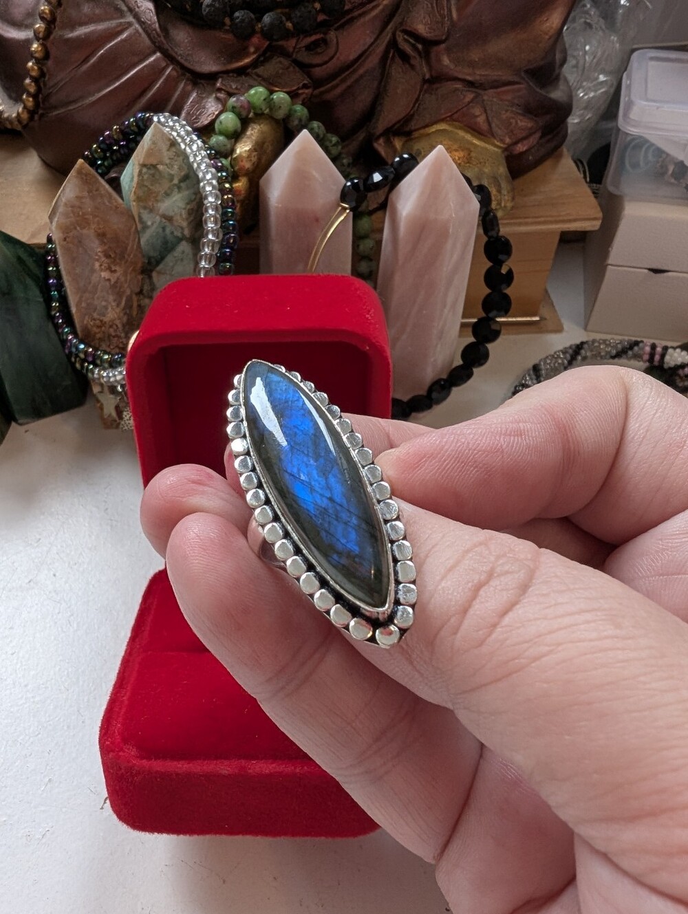 Sterling Silver Blue Flash Labradorite Marquise Statement Ring Size 7.5